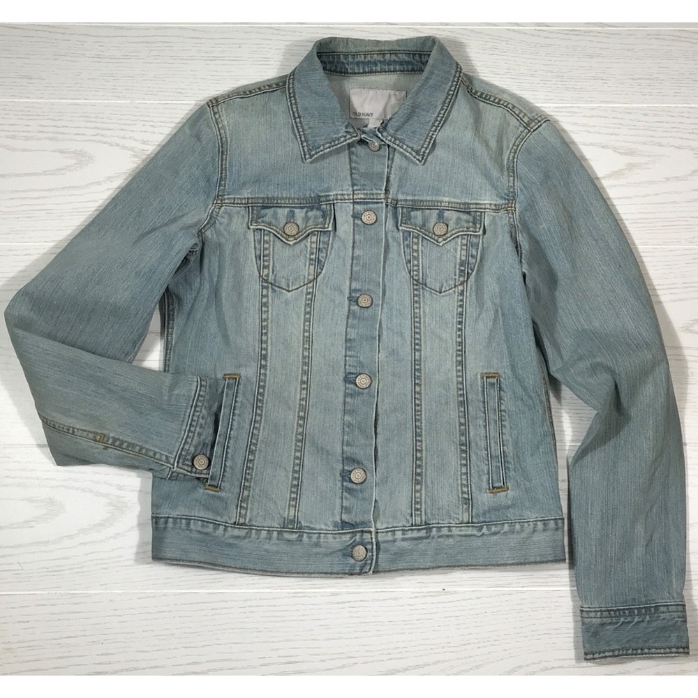 Y2K Old Navy Denim Jacket Women Large Faded Blue Pockets Cotton Trucker Button
